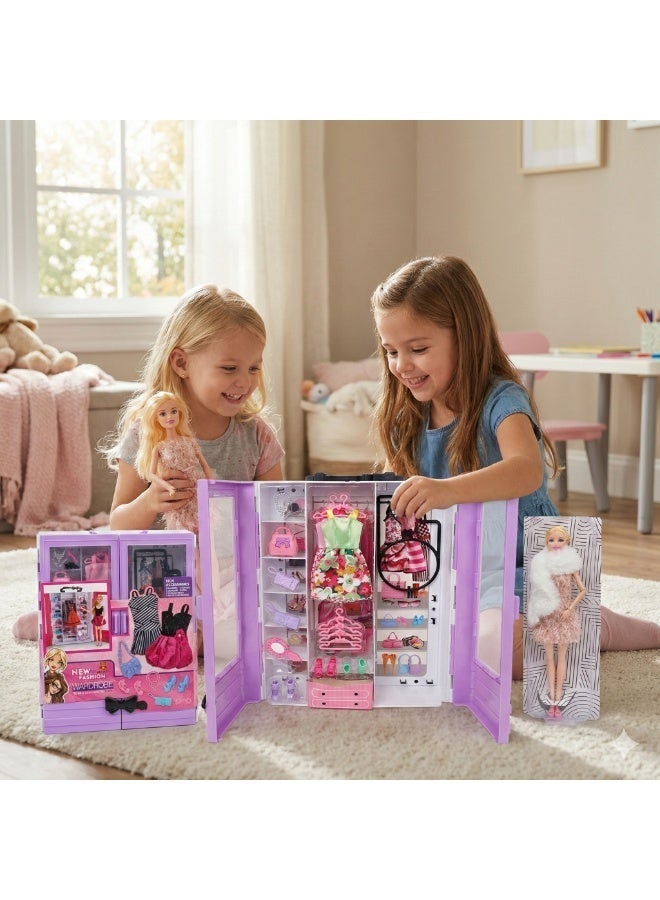 REZZOSS New Fashion Doll & Ultimate Closet Wardrobe Playset – Over 15 Clothes, Dresses & Accessories with Barbie Doll | Poseable Girl Doll with White Fur Stole & Purple Storage Trunk | Dress Up Pretend Play Toy | Best Birthday Eid Ramadan Christmas Gift for Girls - Image 5