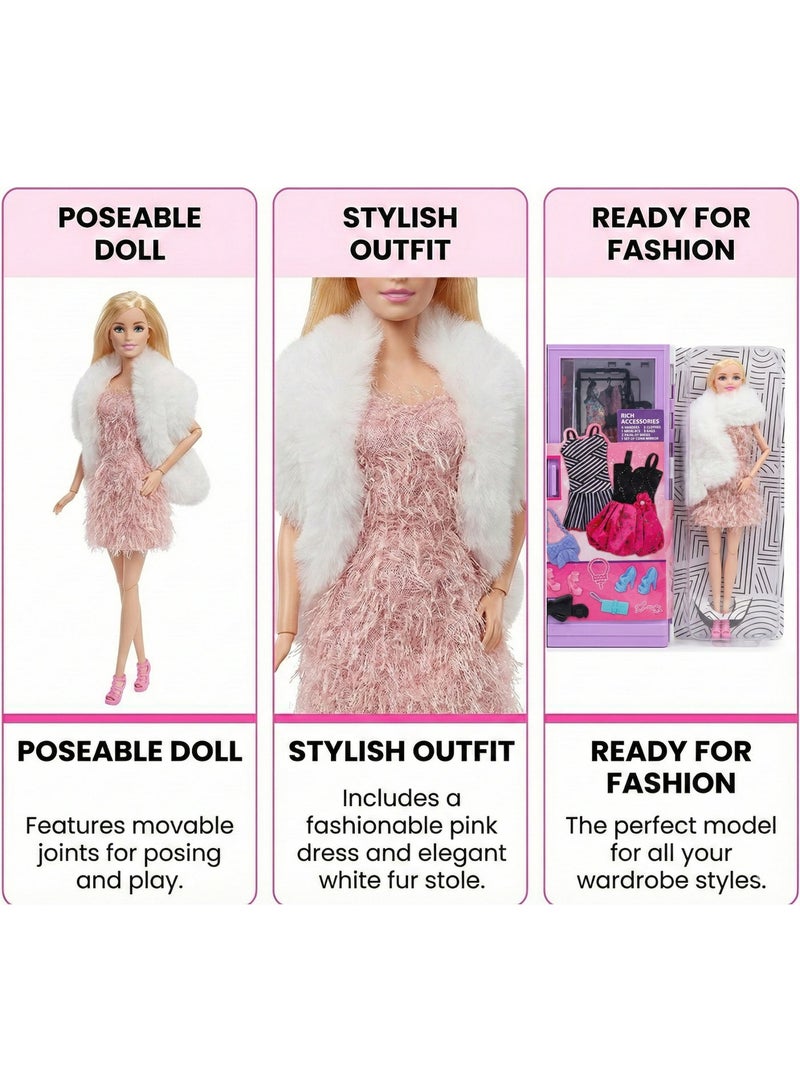 REZZOSS New Fashion Doll & Ultimate Closet Wardrobe Playset – Over 15 Clothes, Dresses & Accessories with Barbie Doll | Poseable Girl Doll with White Fur Stole & Purple Storage Trunk | Dress Up Pretend Play Toy | Best Birthday Eid Ramadan Christmas Gift for Girls - Image 3