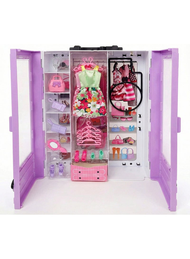 REZZOSS New Fashion Doll & Ultimate Closet Wardrobe Playset – Over 15 Clothes, Dresses & Accessories with Barbie Doll | Poseable Girl Doll with White Fur Stole & Purple Storage Trunk | Dress Up Pretend Play Toy | Best Birthday Eid Ramadan Christmas Gift for Girls - Image 2