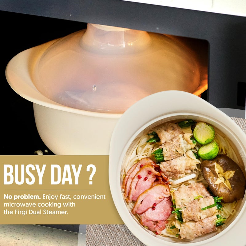 FIRGI 48oz Platinum Silicone 3 Compartmented Microwave Steamer Pot with Handle & Lid - Korean 100% Food-Grade Steamer Bowl, Heat-Resistant Cooker with Steam Holes, Easy Clean, Dishwasher Safe, Ivory - Image 2
