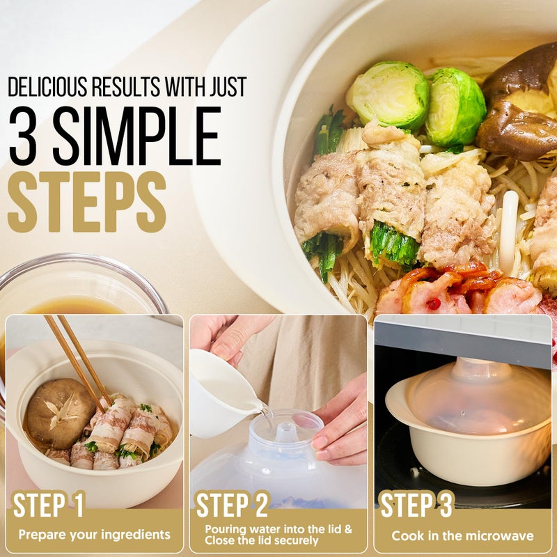 FIRGI 48oz Platinum Silicone 3 Compartmented Microwave Steamer Pot with Handle & Lid - Korean 100% Food-Grade Steamer Bowl, Heat-Resistant Cooker with Steam Holes, Easy Clean, Dishwasher Safe, Ivory - Image 3