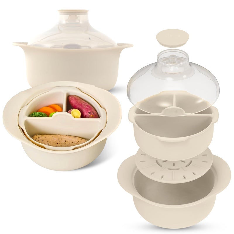 FIRGI 48oz Platinum Silicone 3 Compartmented Microwave Steamer Pot with Handle & Lid - Korean 100% Food-Grade Steamer Bowl, Heat-Resistant Cooker with Steam Holes, Easy Clean, Dishwasher Safe, Ivory - Image 1