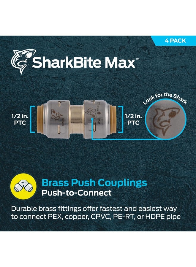 SharkBite Max 1/2 Inch Coupling, Pack of 4, Push to Connect Brass Plumbing Fitting, PEX Pipe, Copper, CPVC, PE-RT, HDPE, UR008A4 - Image 1