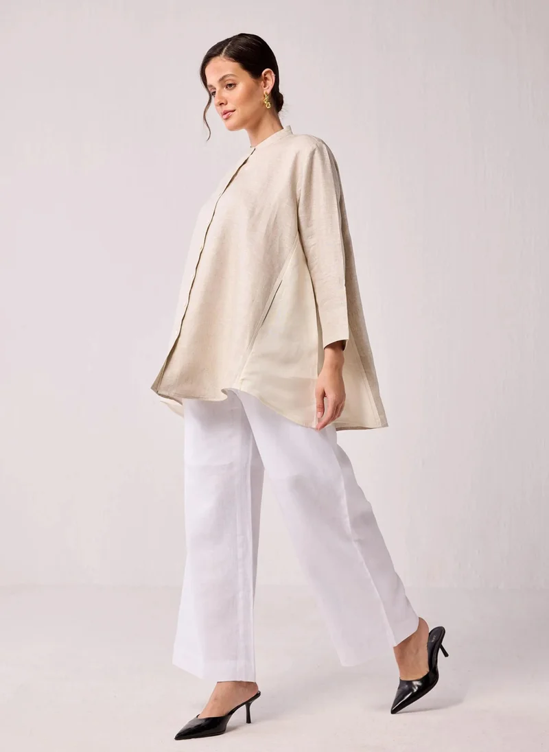 نور Oversized Long Hemp Shirt With Mandarin Collar In Beige