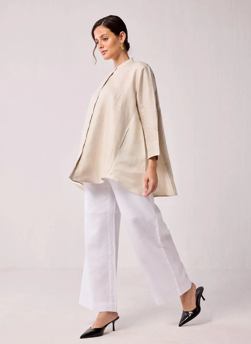 نور Oversized Long Hemp Shirt With Mandarin Collar In Beige