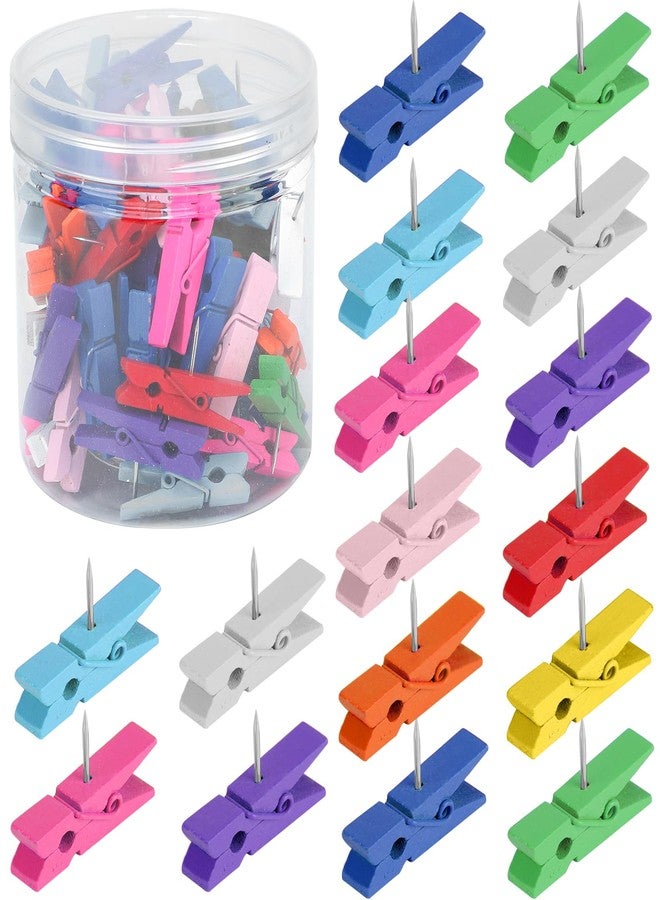 Senkary 60 Pieces Colorful Push Pins with Wooden Clips, Clothespin Pushpins Cute Decorative Thumb Tacks for Cork Board, Bulletin Board, Photos, Crafts, Classroom Office - Image 1