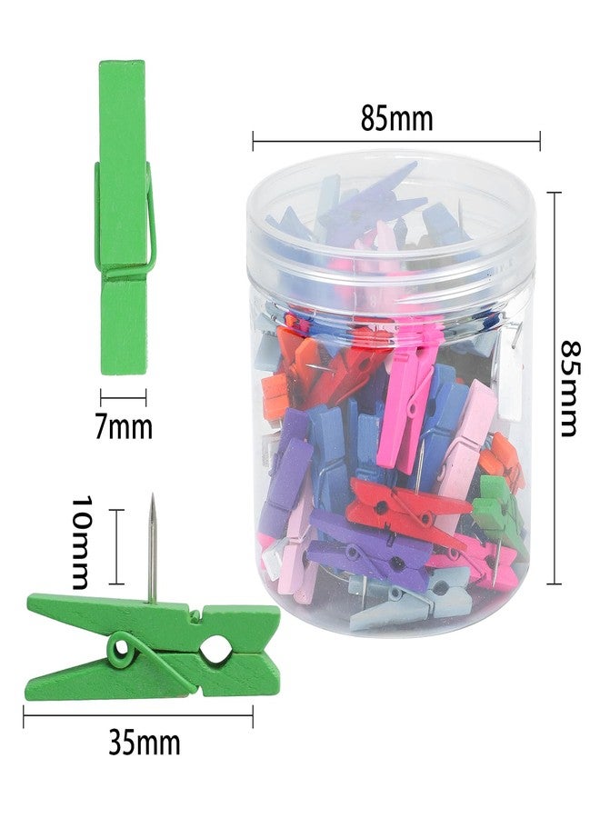 Senkary 60 Pieces Colorful Push Pins with Wooden Clips, Clothespin Pushpins Cute Decorative Thumb Tacks for Cork Board, Bulletin Board, Photos, Crafts, Classroom Office - Image 2