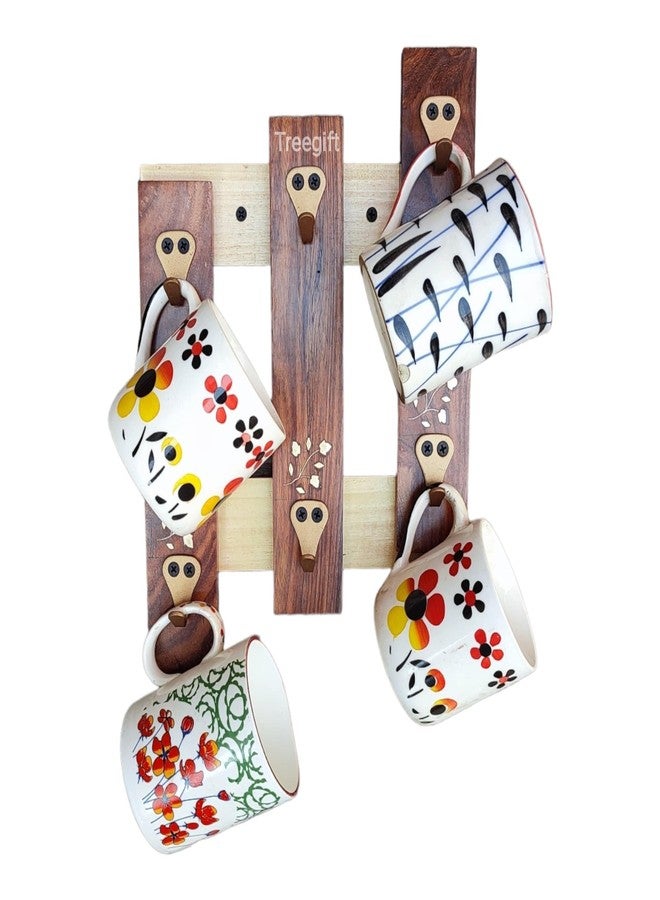 Treegift Wooden Cup Organizer Coffee Mug Holder Teacups Stand with 6 Hooks for Kitchen Wall Display Storage and Collection.Size- 13" x 9" inch (Sheesham Wood) (Style 1) - Image 5