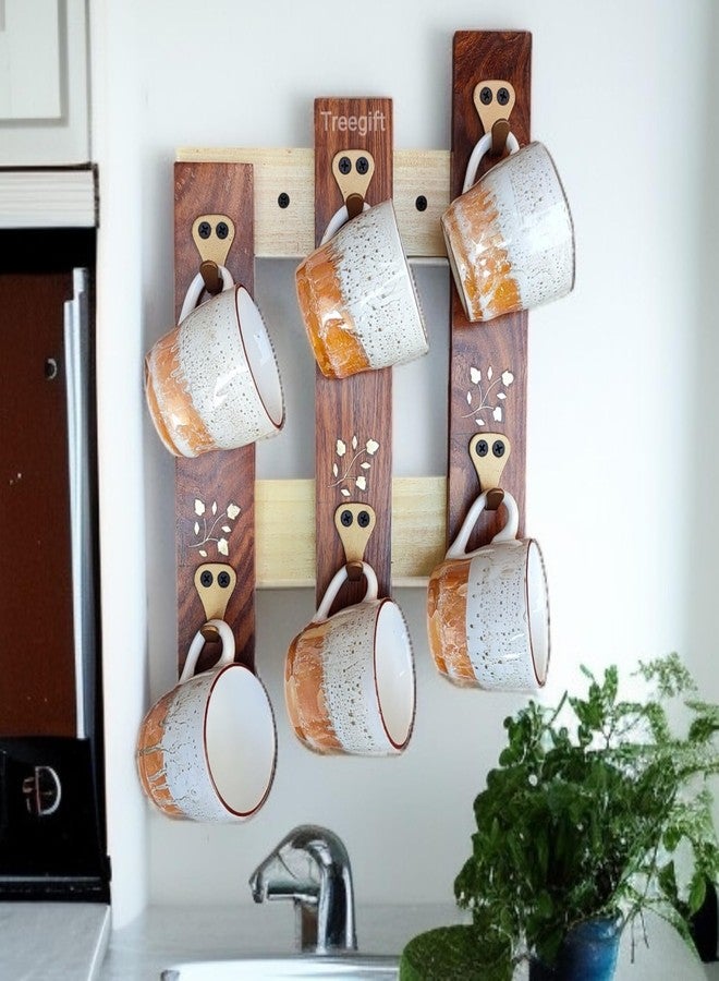 Treegift Wooden Cup Organizer Coffee Mug Holder Teacups Stand with 6 Hooks for Kitchen Wall Display Storage and Collection.Size- 13" x 9" inch (Sheesham Wood) (Style 1) - Image 1