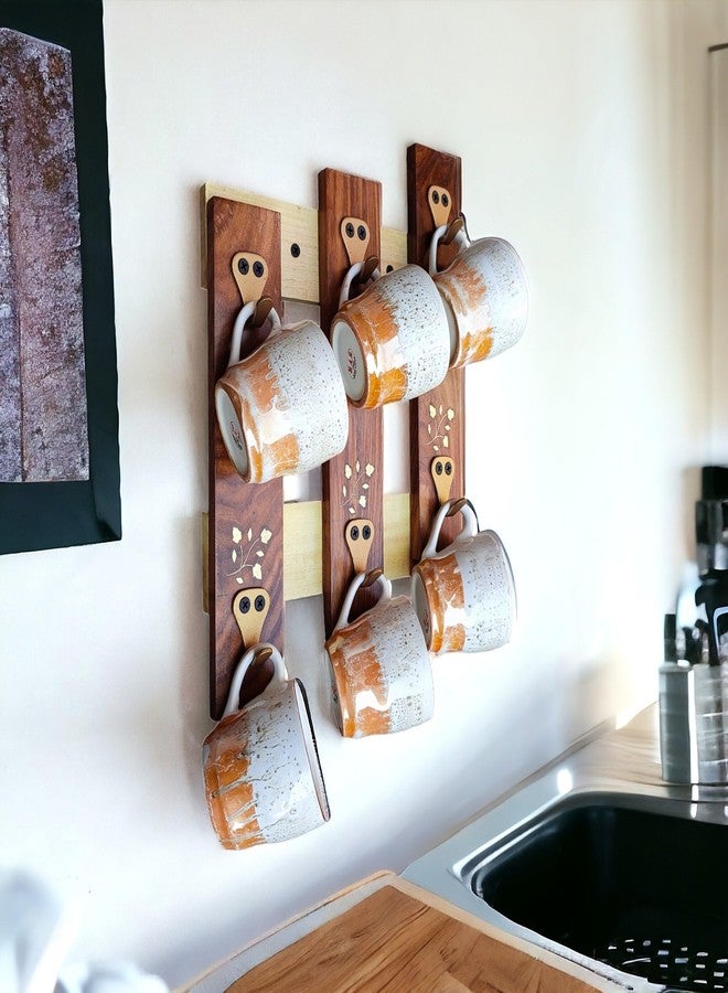 Treegift Wooden Cup Organizer Coffee Mug Holder Teacups Stand with 6 Hooks for Kitchen Wall Display Storage and Collection.Size- 13" x 9" inch (Sheesham Wood) (Style 1) - Image 3