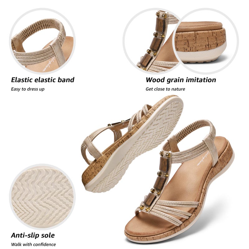 Littleplum Women Flats Sandals Arch Support Open-Toe Casual Summer Low Wedge Shoes for Daily Beach Walking Dressy Comfy Summer Sandals Champagne Size 9 - Image 4