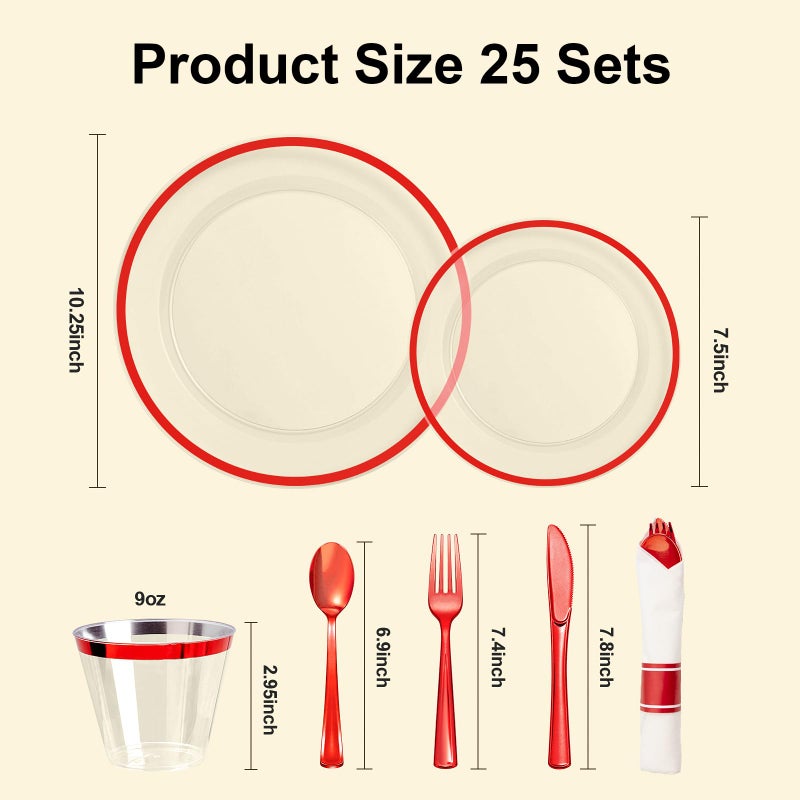 BESTSTAR 175PCS Clear & Red Disposable Party Set for 25 Guests - 50 Plates  25 Cups  25 Napkins & Plastic Cutlery - Image 5