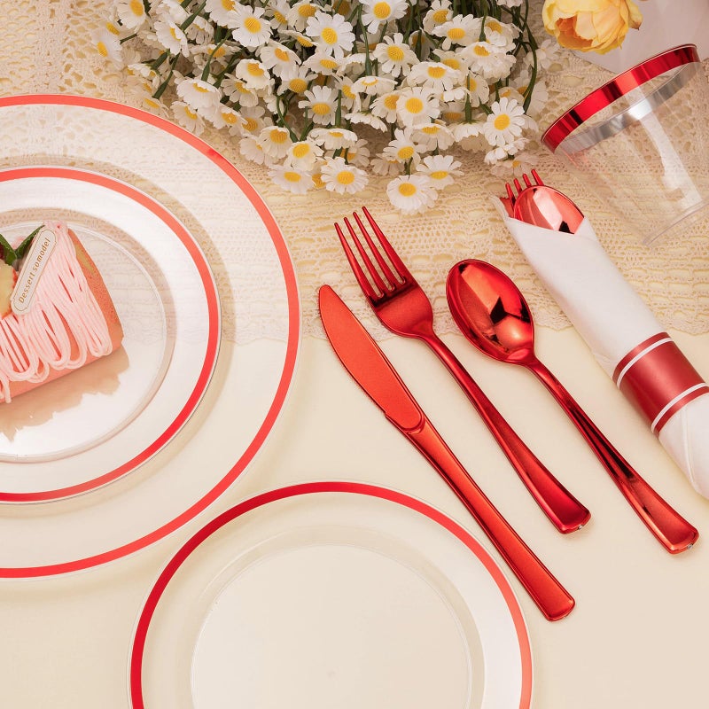 BESTSTAR 175PCS Clear & Red Disposable Party Set for 25 Guests - 50 Plates  25 Cups  25 Napkins & Plastic Cutlery - Image 3