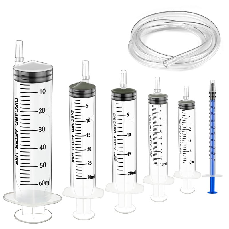 Pinleita 6pc Syringe Kit - 1ml, 5ml, 10ml, 20ml, 30ml, 60ml Plastic Syringes with Caps for Measuring Liquids in Science Labs, Plant Watering, Pet Feeding - Image 1