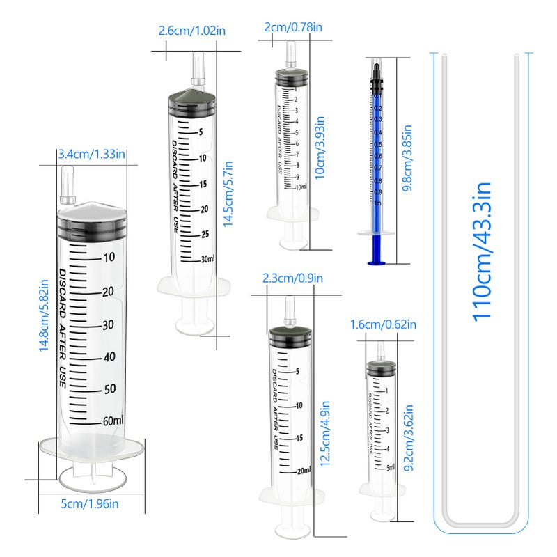 Pinleita 6pc Syringe Kit - 1ml, 5ml, 10ml, 20ml, 30ml, 60ml Plastic Syringes with Caps for Measuring Liquids in Science Labs, Plant Watering, Pet Feeding - Image 2