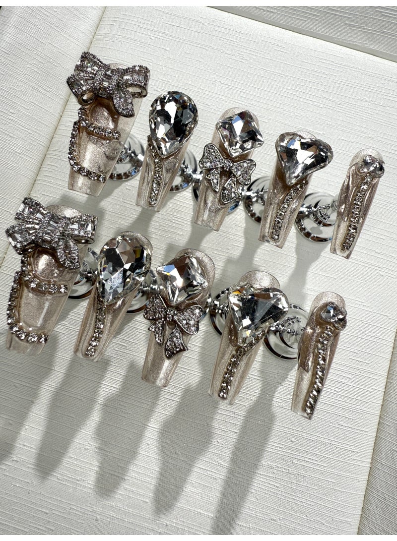 Pure Handcrafted Wearable Nail Art - Silver Crystal Butterfly/Teardrop/Heart 3D Patch, Dazzling Style, Mid-Length Design, Item No. x45 - Image 1