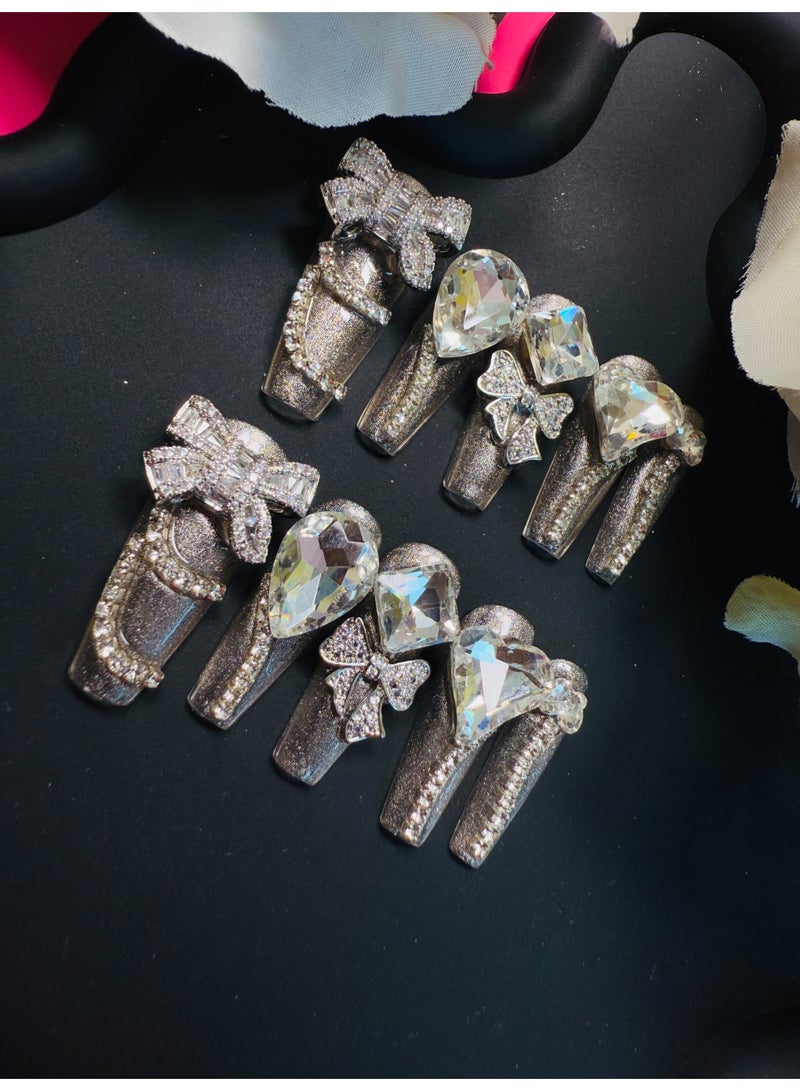 Pure Handcrafted Wearable Nail Art - Silver Crystal Butterfly/Teardrop/Heart 3D Patch, Dazzling Style, Mid-Length Design, Item No. x45 - Image 2