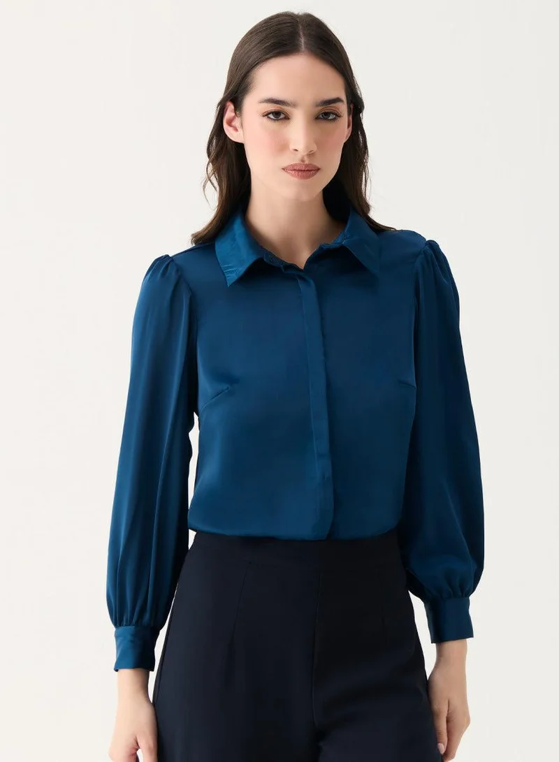 Zigzag Long Sleeve Collared Teal-Blue Shirt