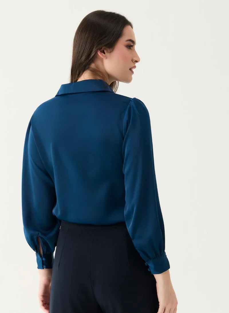 Zigzag Long Sleeve Collared Teal-Blue Shirt