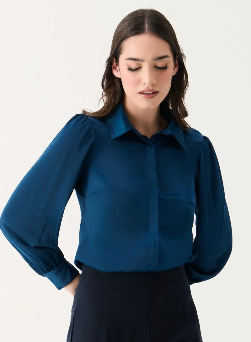 Zigzag Long Sleeve Collared Teal-Blue Shirt