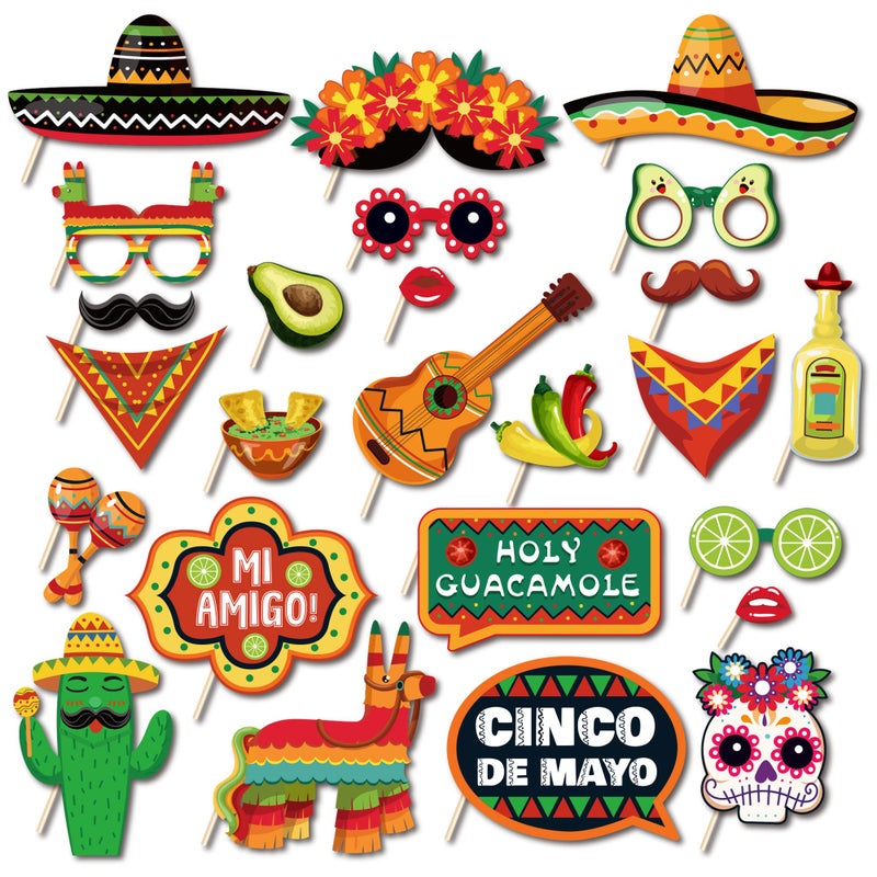 Lide Road 25Pcs Mexican Fiesta Photo Booth Props Cinco De Mayo Decorations Mexican Fiesta Party Supplies for Selfie Party Supplies Fiesta Photo Decoration Mexican Themed Party Decorations