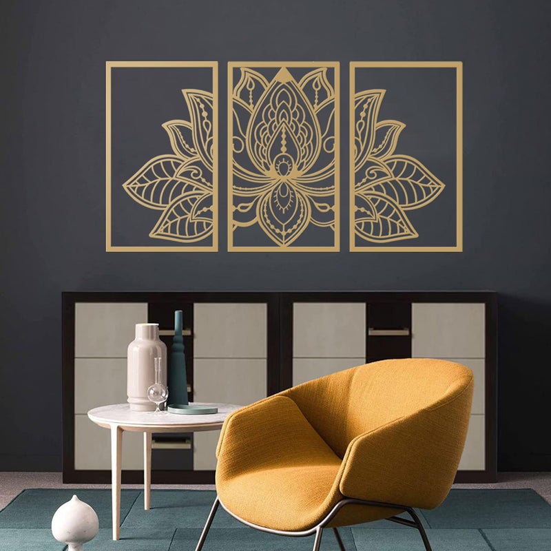 Resama 3 Pcs Lotus Flower Wall Art Decor Metal Mandala Wall Decor Unique Lotus Flower Wall Art for Living Room, Bedroom, Office and Yoga Room Hanging Decor(Gold,Large) - Image 1