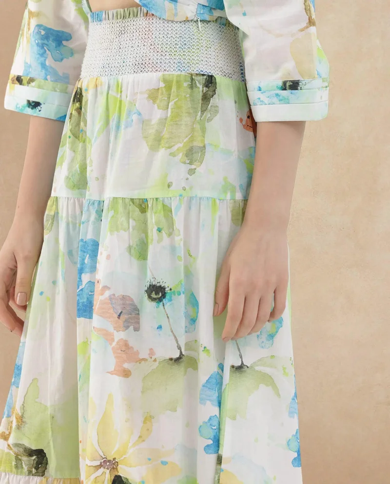 Rareism Women's Smock Detail Printed Tiered Skirt