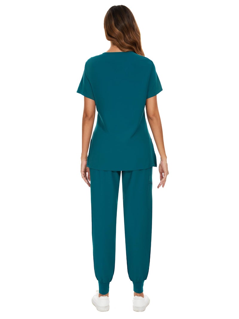 COZYFIT طقم COZYFIT للنساء - بلوزة سكراب بفتحة V وسروال جوجر مع 8 جيوب، حزام يوغا، مضاد للتجاعيد، سكراب نسائي ضيق - Image 3