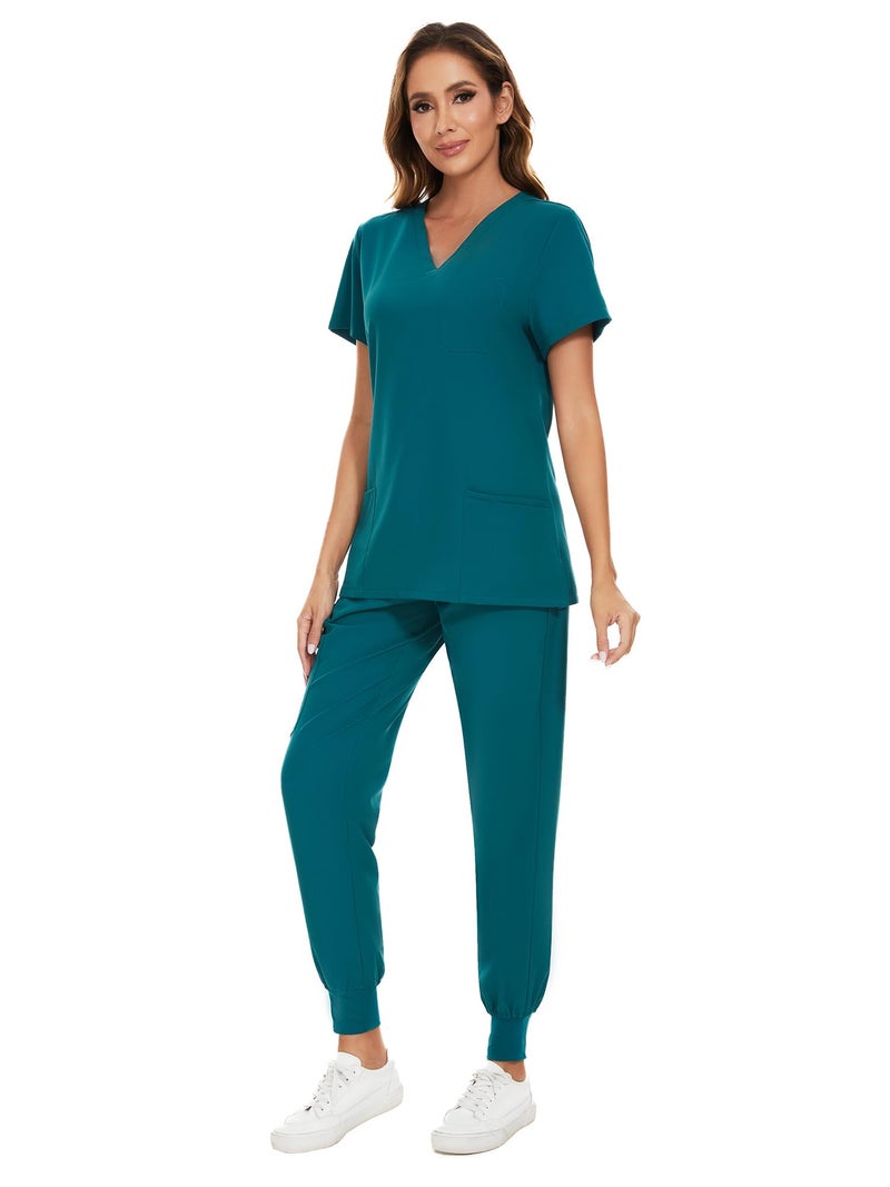 COZYFIT طقم COZYFIT للنساء - بلوزة سكراب بفتحة V وسروال جوجر مع 8 جيوب، حزام يوغا، مضاد للتجاعيد، سكراب نسائي ضيق - Image 4