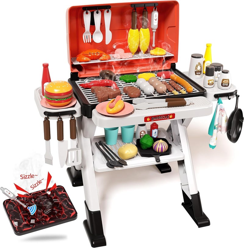 Jovow Kids BBQ Grill Playset 60Pcs with Real Steam, Sound & Light - Interactive Pretend Play Kitchen Cooking Toy for Boys Girls Ages 4-8 - Indoor Outdoor Backyard Barbecue Camping Set Birthday Gifts - Image 1