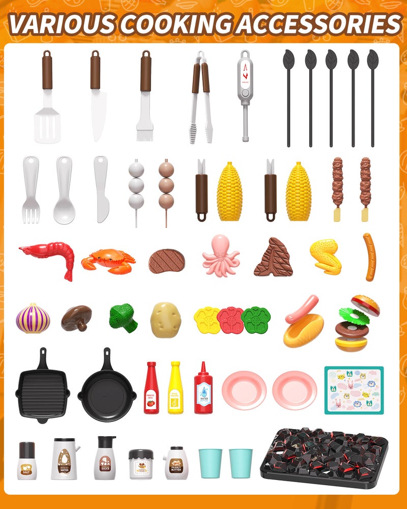Jovow Kids BBQ Grill Playset 60Pcs with Real Steam, Sound & Light - Interactive Pretend Play Kitchen Cooking Toy for Boys Girls Ages 4-8 - Indoor Outdoor Backyard Barbecue Camping Set Birthday Gifts - Image 2