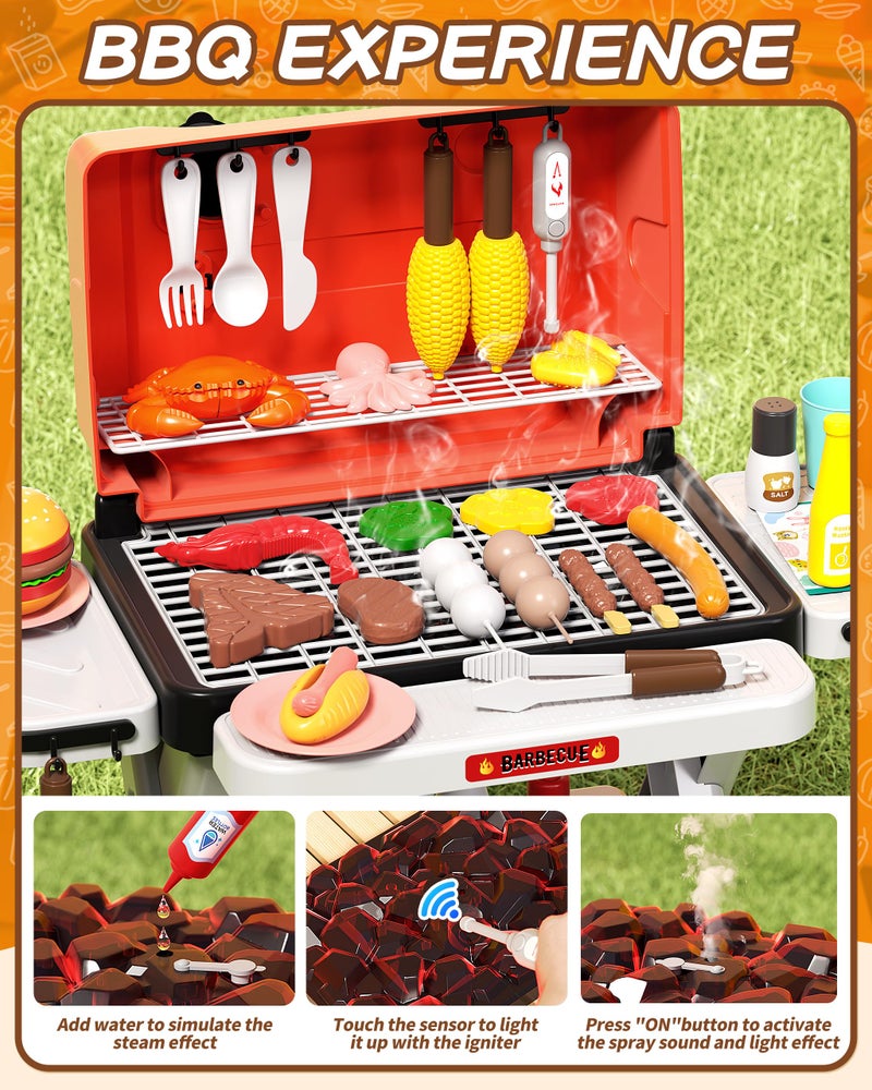 Jovow Kids BBQ Grill Playset 60Pcs with Real Steam, Sound & Light - Interactive Pretend Play Kitchen Cooking Toy for Boys Girls Ages 4-8 - Indoor Outdoor Backyard Barbecue Camping Set Birthday Gifts - Image 3