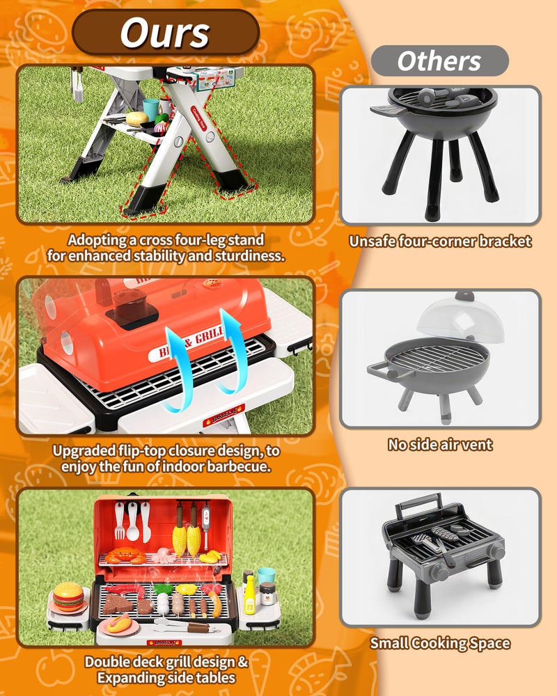 Jovow Kids BBQ Grill Playset 60Pcs with Real Steam, Sound & Light - Interactive Pretend Play Kitchen Cooking Toy for Boys Girls Ages 4-8 - Indoor Outdoor Backyard Barbecue Camping Set Birthday Gifts - Image 4