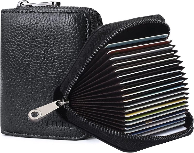 Linno RFID 20 Slots Credit Card Holder Genuine Leather Small Wallet for Women or Men with Zipper - Image 1