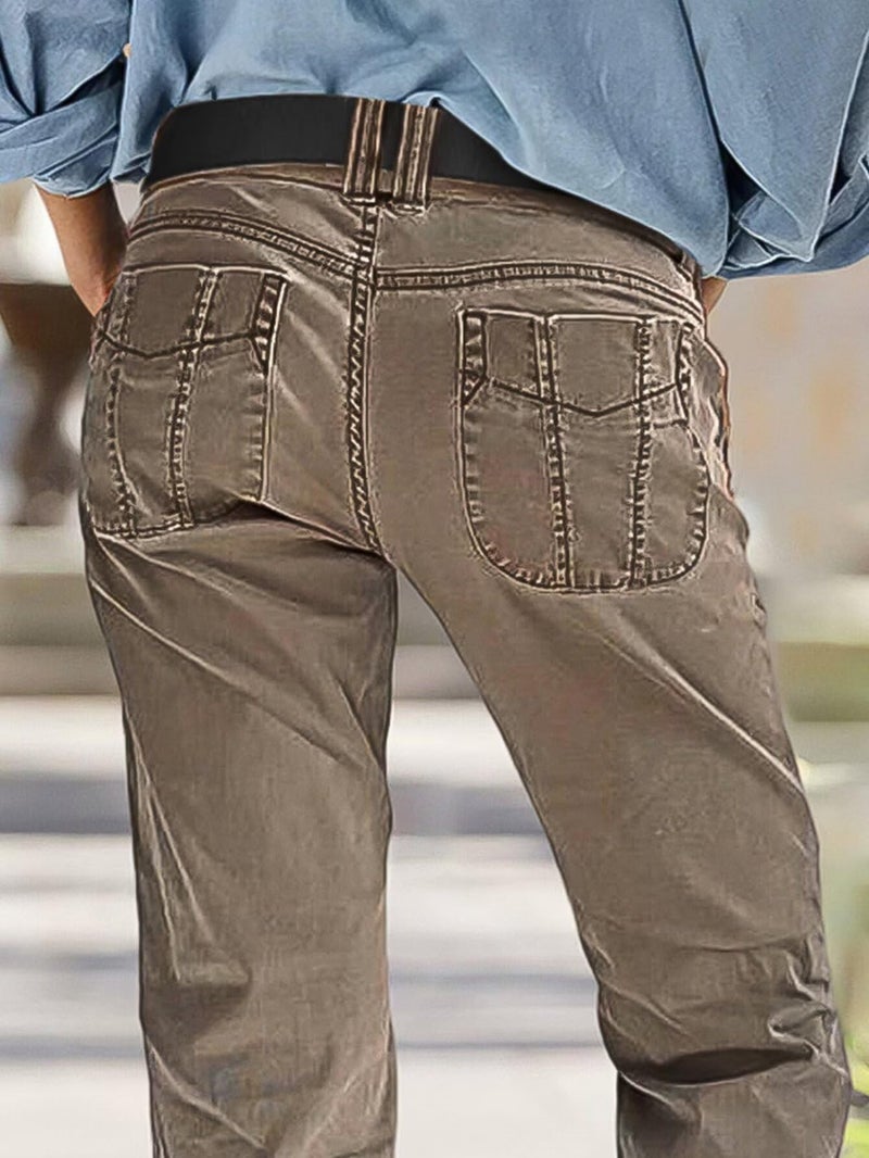 Flamingals Straight Leg Mid Waist Solid Casual Pants for Women Without Belt Taupe L - Image 4