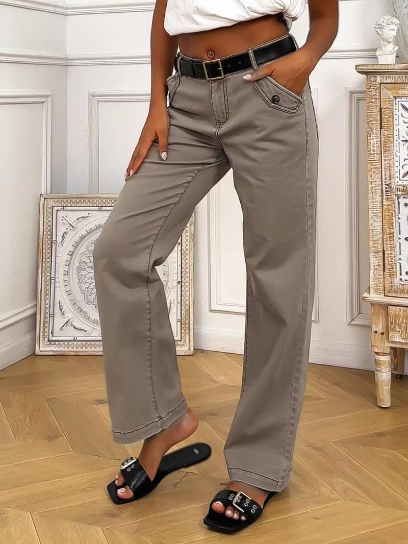Flamingals Straight Leg Mid Waist Solid Casual Pants for Women Without Belt Taupe L - Image 3