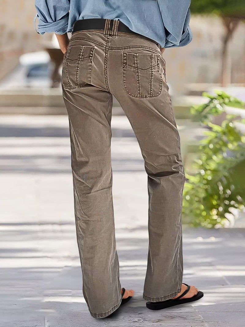 Flamingals Straight Leg Mid Waist Solid Casual Pants for Women Without Belt Taupe L - Image 5