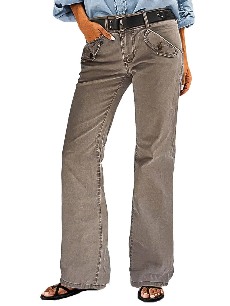 Flamingals Straight Leg Mid Waist Solid Casual Pants for Women Without Belt Taupe L - Image 1