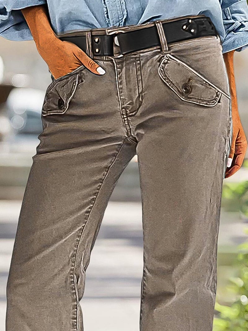 Flamingals Straight Leg Mid Waist Solid Casual Pants for Women Without Belt Taupe L - Image 2