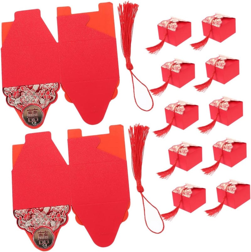 DIYEAH 12pcs Chinese Wedding Favor Candy Boxes with Red Tassels, Medium Red Paper Candy Packaging Case for Wedding Party Guests, Traditional Peony Double Happiness Wrap - Image 1
