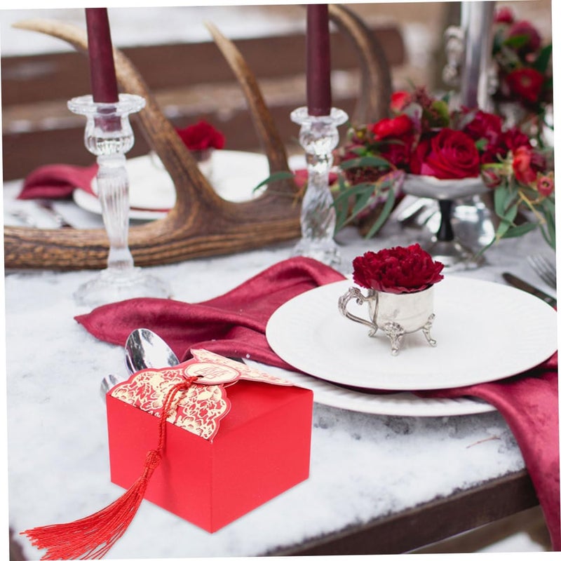 DIYEAH 12pcs Chinese Wedding Favor Candy Boxes with Red Tassels, Medium Red Paper Candy Packaging Case for Wedding Party Guests, Traditional Peony Double Happiness Wrap - Image 4