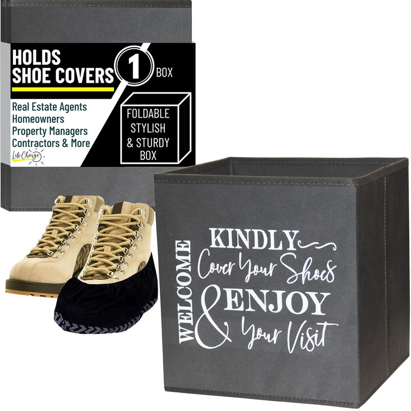 Life Charge Shoe Cover Box - Welcome Guests to Please Cover Shoes. Indoor Foldable Storage Bin to Fill w/your Favorite Booties. For Homeowner, Real Estate Agent, Realtor Open House Supplies | 1 Grey & White - Image 2