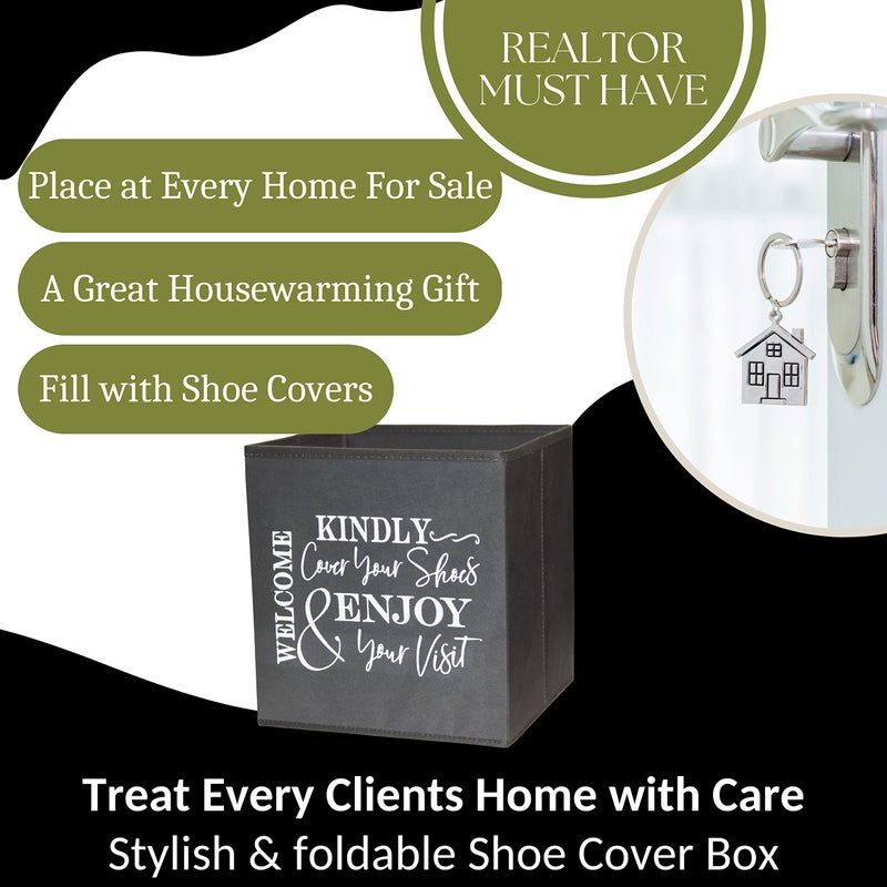 Life Charge Shoe Cover Box - Welcome Guests to Please Cover Shoes. Indoor Foldable Storage Bin to Fill w/your Favorite Booties. For Homeowner, Real Estate Agent, Realtor Open House Supplies | 1 Grey & White - Image 4