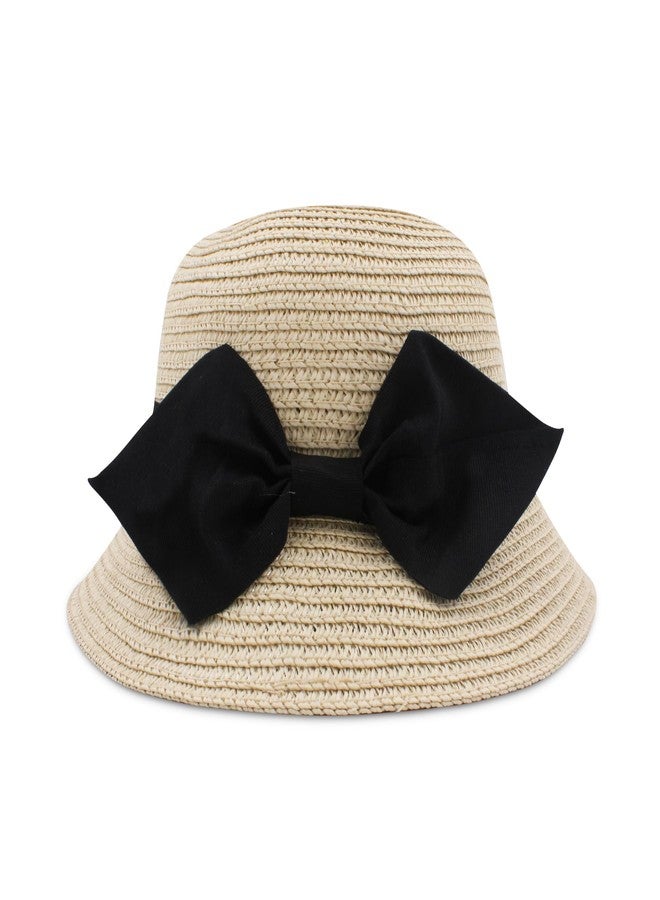VRITRAZ Kids Straw Cloth Bow Breathable Hat , Summer Sun Protection, 6 to 14 Years (Color-Barbell Beige) - Image 1