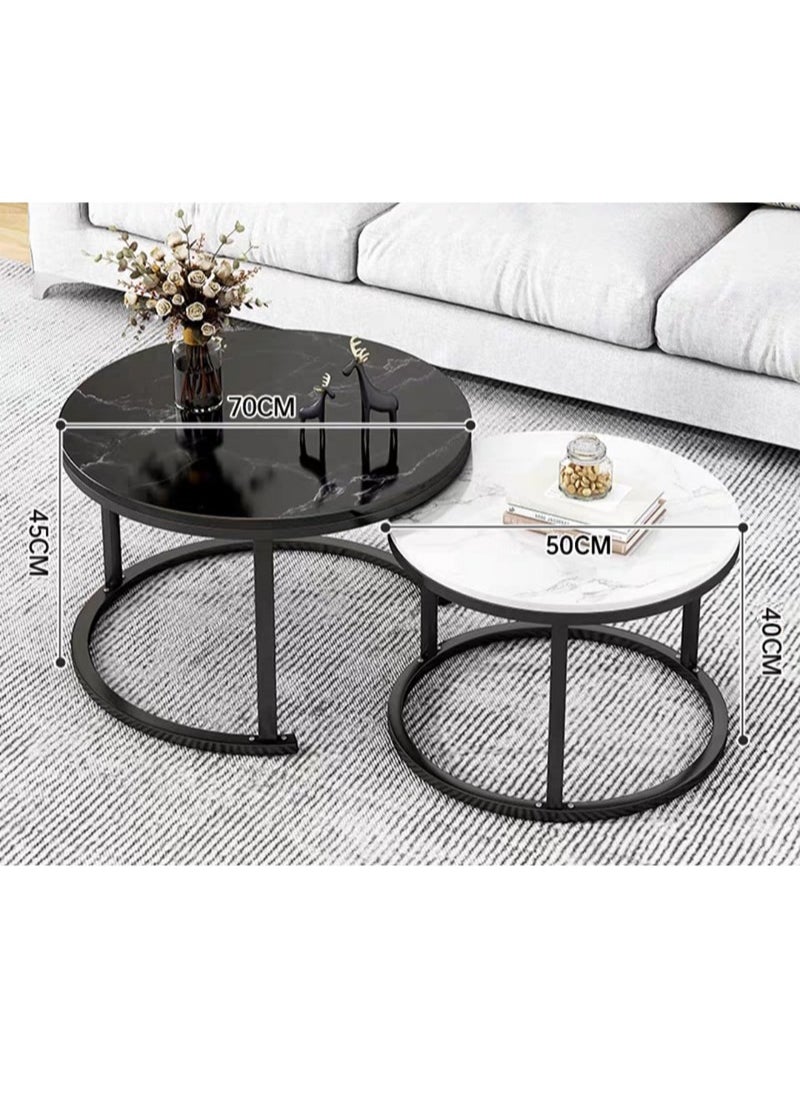 AGD - 2 Pieces Table Set, Round Nesting Storage Coffee Tables with Open Shelf Simple Marble Design for Living Room Office 70x70x45cm, 50x50x40cm - Image 1
