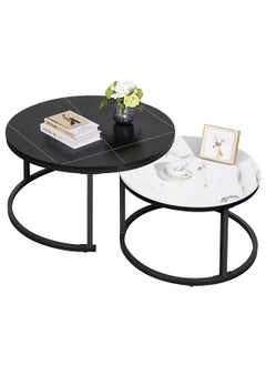 AGD 2 Pieces Table Set, Round Nesting Storage Coffee Tables with Open Shelf Simple Marble Design for Living Room Office 70x70x45cm, 50x50x40cm  - Image 1