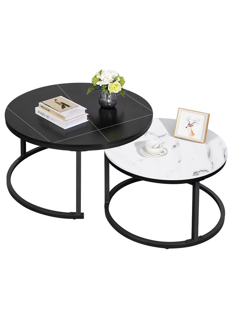 AGD - 2 Pieces Table Set, Round Nesting Storage Coffee Tables with Open Shelf Simple Marble Design for Living Room Office 70x70x45cm, 50x50x40cm - Image 1