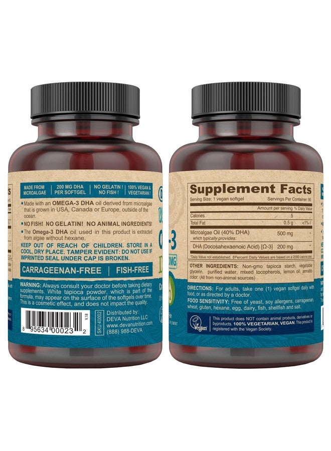 DEVA Vegan Omega-3 DHA Supplement, Once-Per-Day Softgel 200 MG, Carrageenan Free, Gelatin Free, Non-Fish, Algae Oil, Omega-3 Fatty Acids - 90 Softgels (Pack of 2)