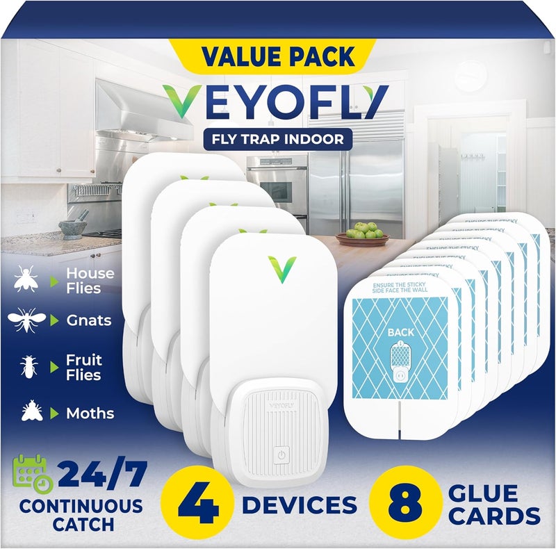 VEYOFLY , Flying Insect Trap, Insect Catcher, Indoor Fly Trap, Safer Home, Fruit Fly Traps for Gnat, Moth, Mosquito, Bug Light Plug in Insect Killer (4 Device + 12 Glue Cards) - Image 1