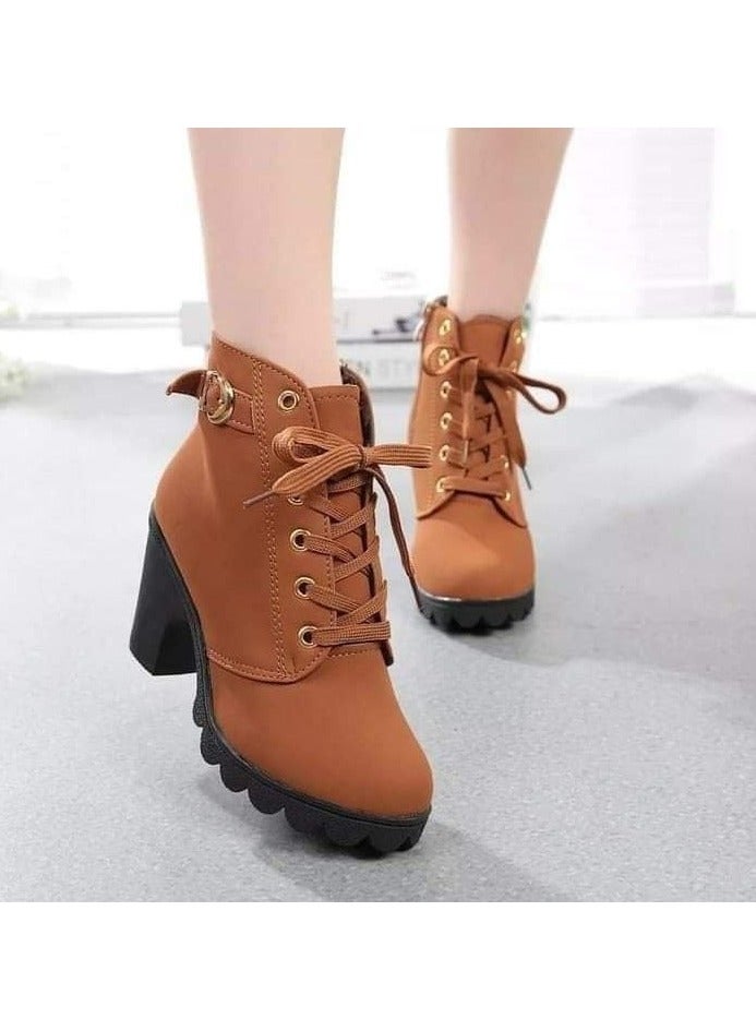 Women's Lace-Up Ankle Boots, Block Heel with Side Zipper and Buckle Strap Detail - Image 2